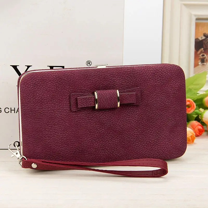 Dark purple Дизайн, свежий карамельный цвет, Женский Длинный кошелек для хранения, с бантом, кошелек для денег, для монет, для мобильного телефона, клатч, держатель для карт, карманная коробка - Цвет: Dark purple