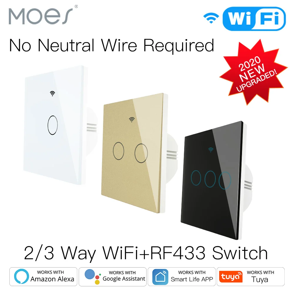 

Умный выключатель света RF433 без нейтрального провода, Wi-Fi, управление через приложение Tuya, работает с Alexa, Google Home, 220 В, ЕС