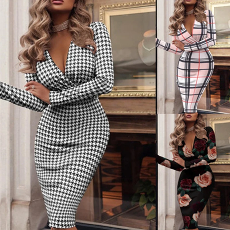 

Elegante manga longa magro senhora vestido de escritório sexy profundo decote em v vestidos de festa feminino moda houndstooth x