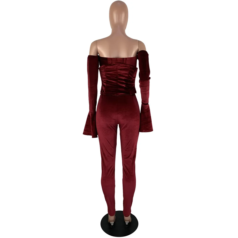 

New Winter Women Sets Slash Neck Full Flare Sleeve Bandage Tops Pants Suit Two Piece Set Sexy Tracksuits Velvet Outfits