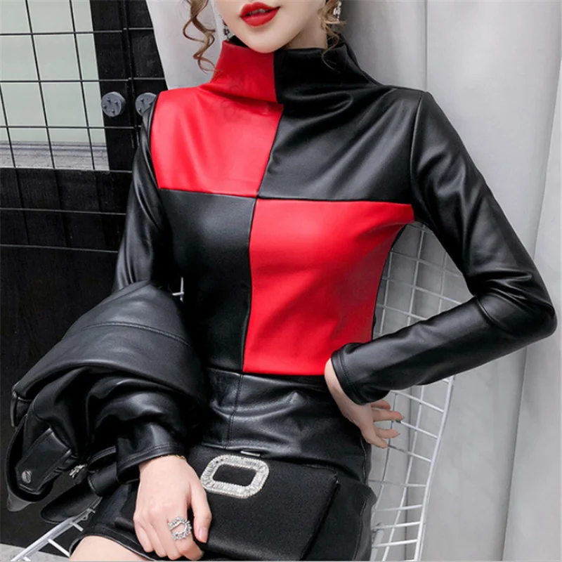 

2020 Winter Long Sleeve Turtleneck PU Leather T-shirts Women Plus Fleece Warm PU Leather Pullovers Women Warm PU Leather Tops