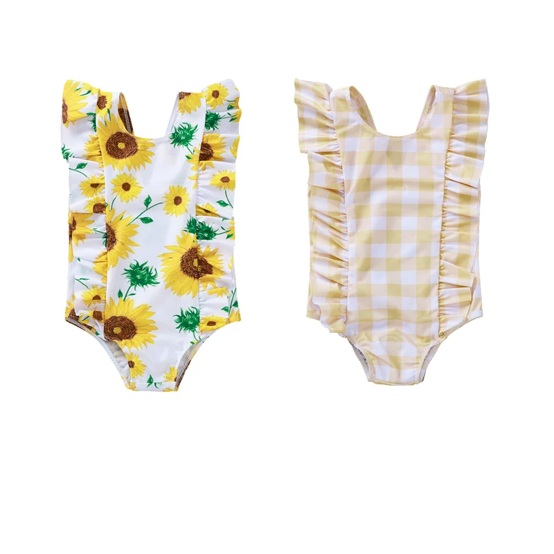 2020 Newest Hot Summer Swimsuit 0-5Y Infant Baby Girls One Piece Bikini Ruffles Sleeve Sunflowers Plaid Print Jumpsuits Swimwear | Детская