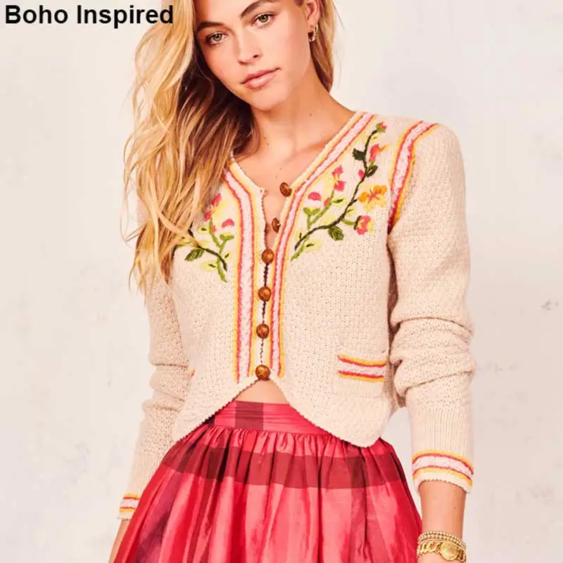 Богемный Вдохновленный Flynn Укороченный кардиган Вышитый цветочный v-образный