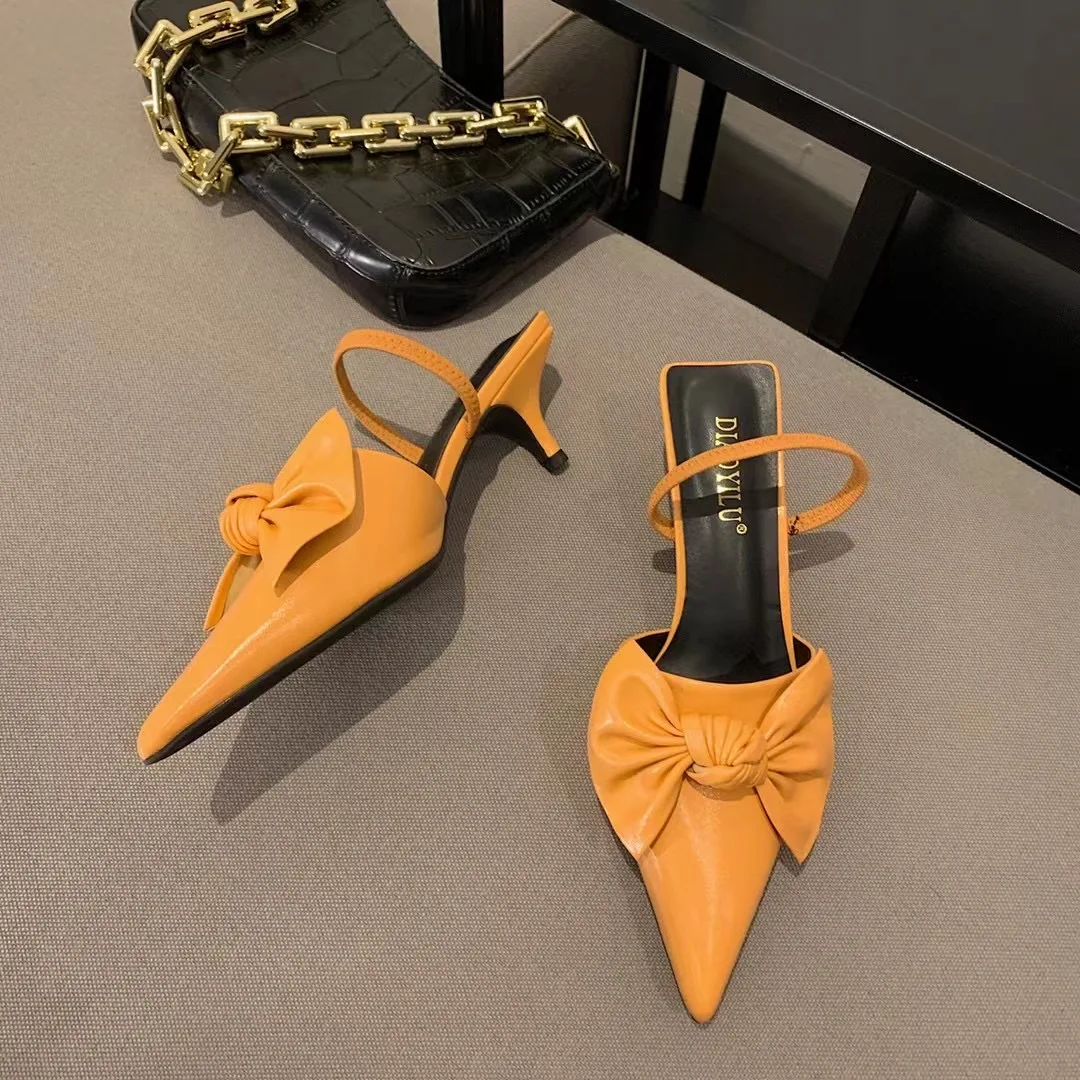 

Pointed Toe Women Sandals Slippers Back Strap Ladies Elegant Thin Low Heels Solid Color Bow Design Shallow Slides Slippers Soft