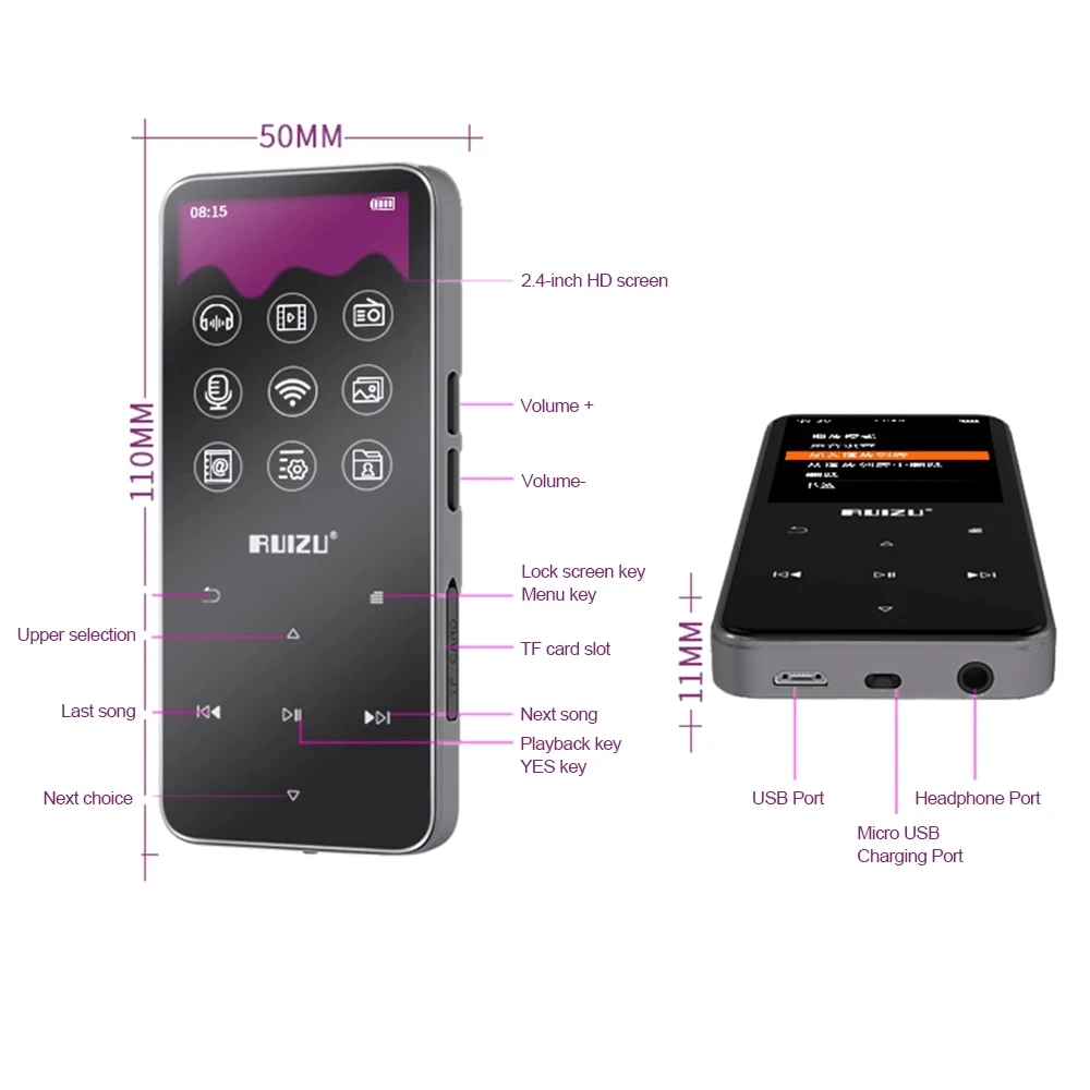 2021 RUIZU D10 Bluetooth 4 0 Mp3 плеер Музыкальный 8 Гб металлический нажатием кнопки