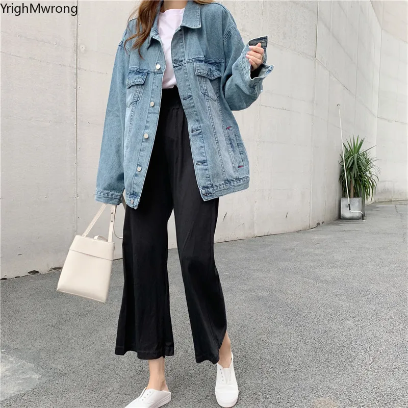 Женская ВИНТАЖНАЯ ДЖИНСОВАЯ КУРТКА бойфренда Однотонная синяя и черная