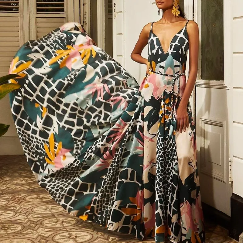 

MSXU vestido de mujer 2021 spring new temperament retro V-neck sling waist slimming ruffled Women dress