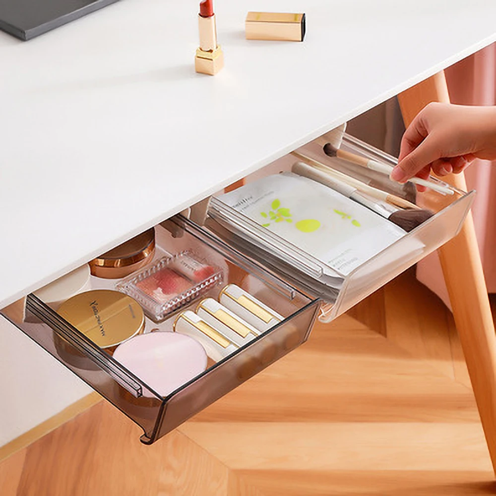 

Office Dormitory Desk Rack TranSparent Stationery Small Hanging Hidden Invisible Drawer Desktop Storage Self Stick Box