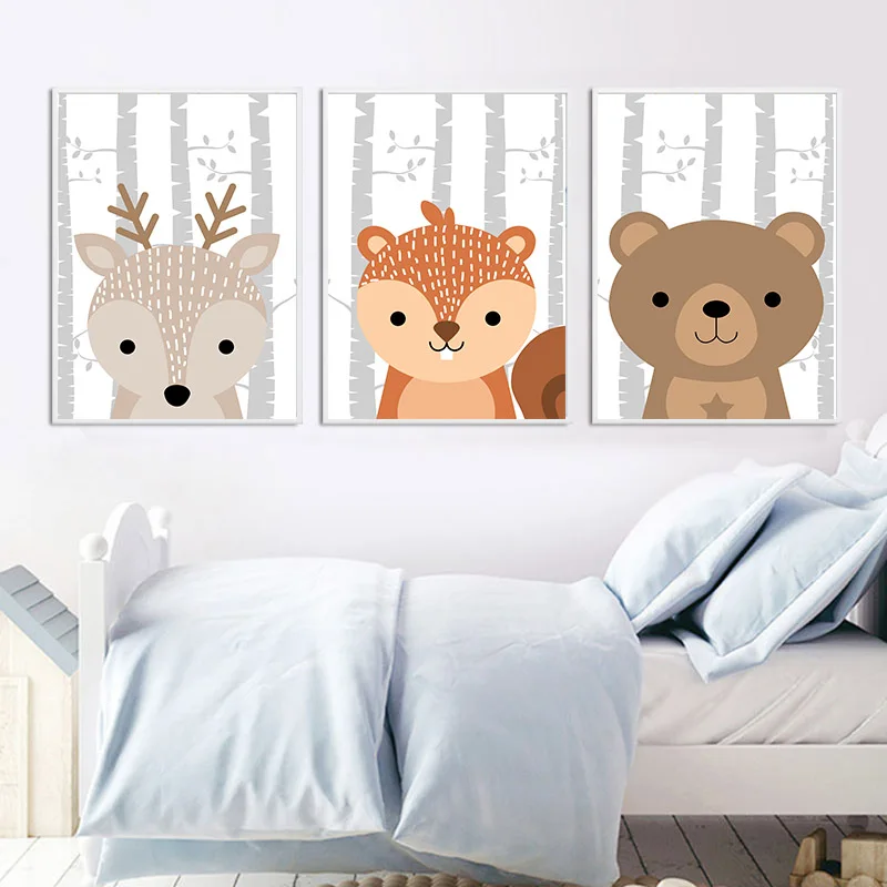 

Baby Nursery Wall Art Canvas Poster Woodland Animal Fox Bear Cartoon Print Painting Nordic Kid Decoration Picture Bedroom Decor