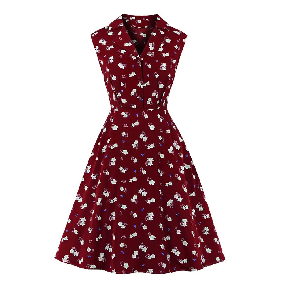 

2021 Floral Print Women Summer Dress VD2062 Robe Femme Sleeveless A Line Black Wine Red Green Vintage Casual Dresses