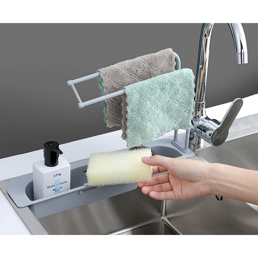

Kitchen sink plastic drain basket + adjustable shelf household kitchen sink no punching sponge cloth storage rack