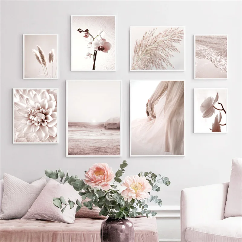 

Romantic Pink Flower Beach Waves Canvas Posters and Prints Girl Sae Love Wall Art Painting Decorative Pictures Home Decor