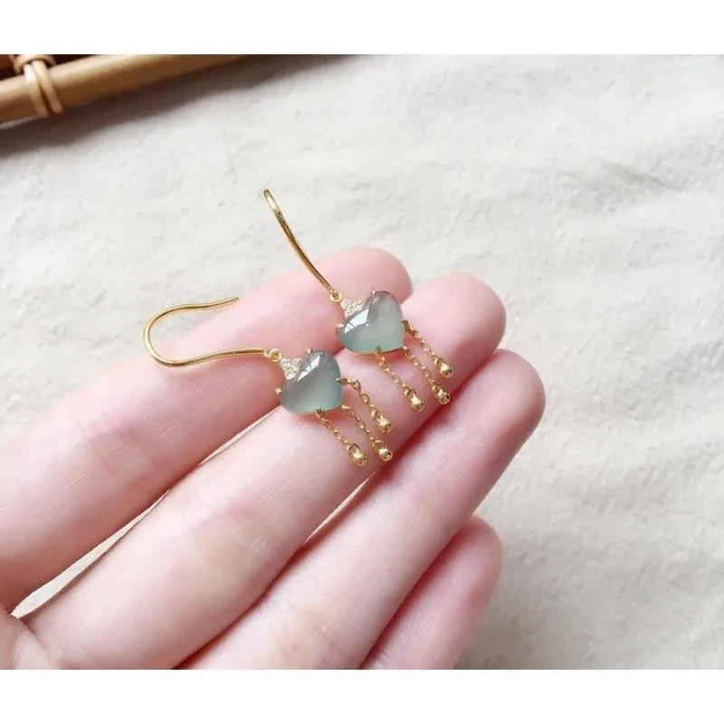 

Ancient Style Jade Earrings S925 Sterling Silver Earrings Inlaid Natural White Ice Chalcedony Jade Lovely Tassel Earrings
