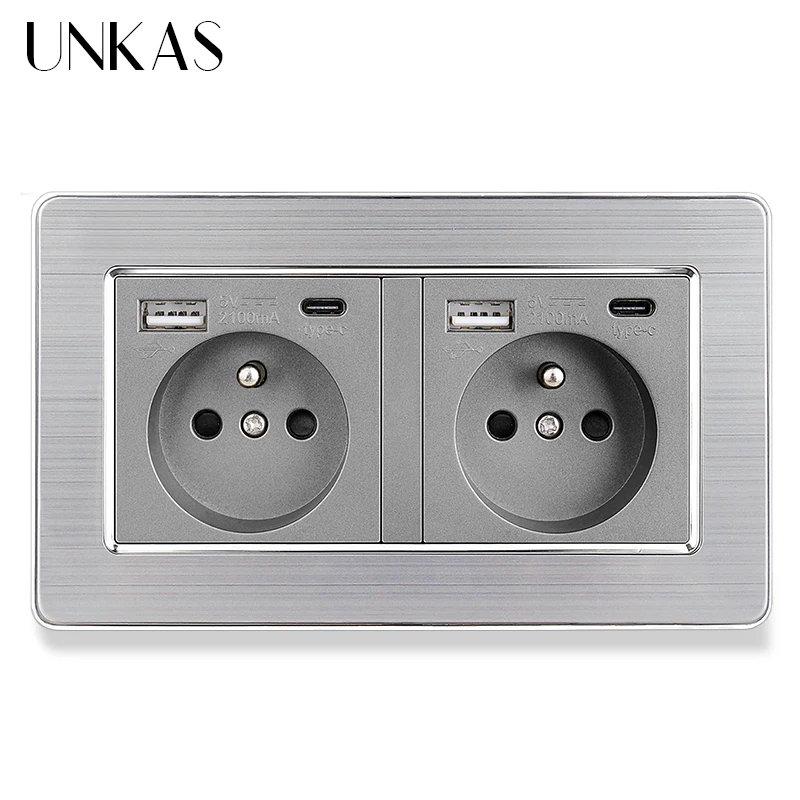 Французская розетка UNKAS с USB-портом типа C серого цвета + ТВ RJ11 телефонный разъем RJ45