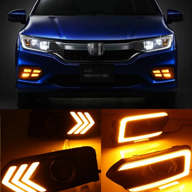

2 шт. светодиодный дневный ходовой светильник DRL для Honda City 2017 2018 2019 с желтой функцией поворота Автомобильные аксессуары