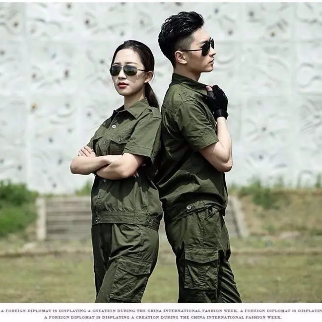 

Summer cotton thin overalls suit military green men's and women's camouflage clothing