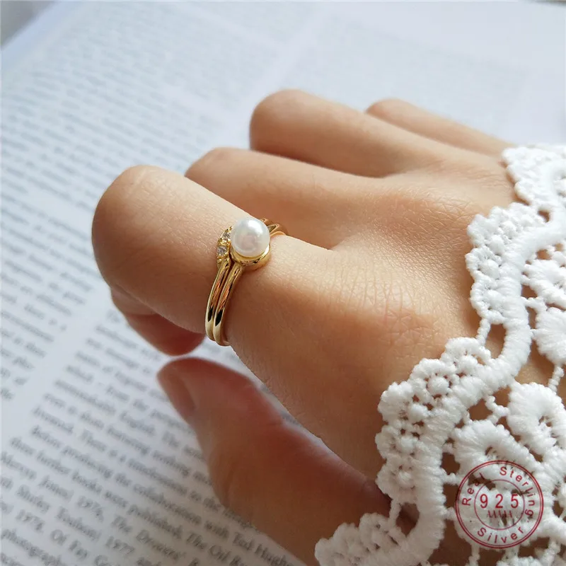 

HI MAN 925 Sterling Silver Micro-Inlaid Crystal Pearl Opening Adjustable Ring Women Luxury All-Match Jewelry