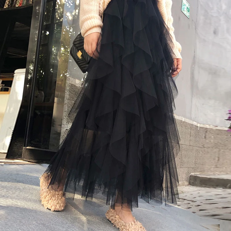 Женская сетчатая юбка Дамская элегантная миди с высокой талией тюль летняя