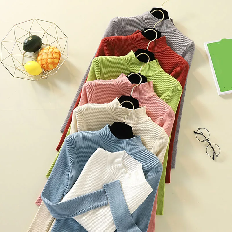 Зимние вязаные женские свитера и однотонные Повседневные пуловеры с высоким