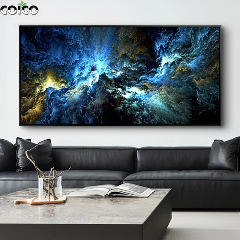 

White Blue Black Gold Abstract Flame Canvas Print Poster with Frame Wall Art Home Decor Painting Morden Picture for Living Room