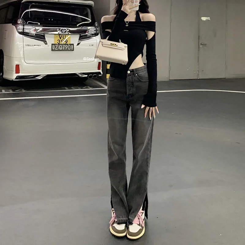 

Smoky Grey Jeans Women's Washed Wool Straight Pants Autumn Design Feeling Split Pants Wide Leg Pants Rac