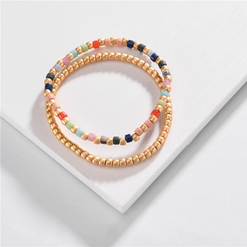 

Fashion Jewelry Rainbow Beaded Strand Necklace Double Layered Short Necklaces for Women