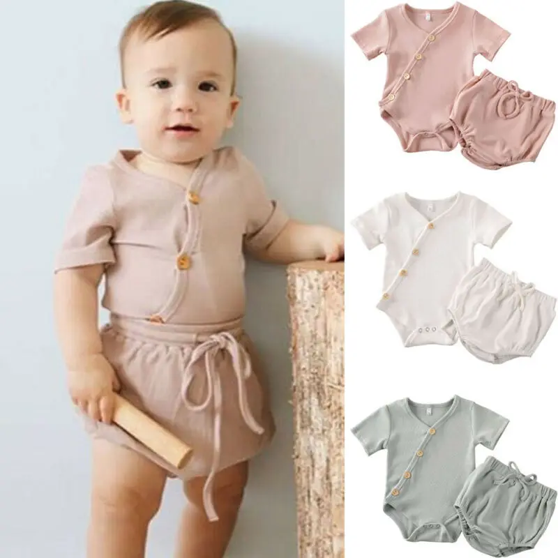 

Infant Toddler Baby Baby Girl Clothes Solid Romper Tops & Shorts Outfits 2PCS Summer Short Sleeve Baby Set