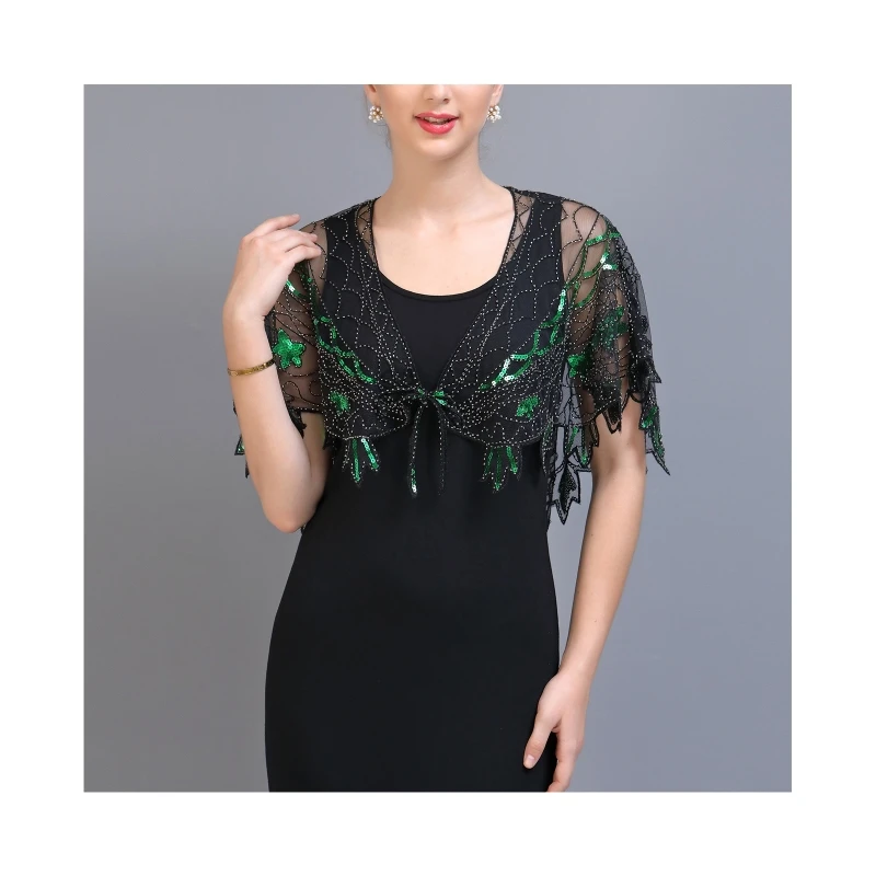 

Women Net Yarn Thin Lace-up Short Shawl Latin Modern Dance Sequin Beads Cape