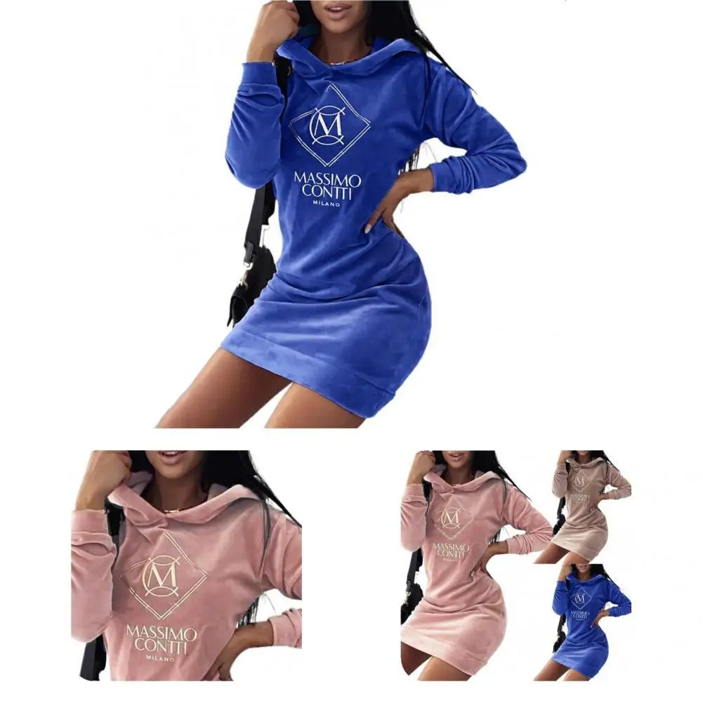 

Popular Women Hoodie Dress Above Knee Length Comfy Lady Slim-fitting Pure Color Dress