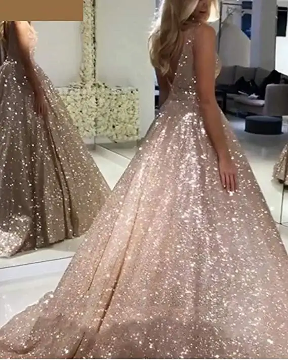 Золотое женское платье для выпускного вечера 2019 длинное бальное с v образным