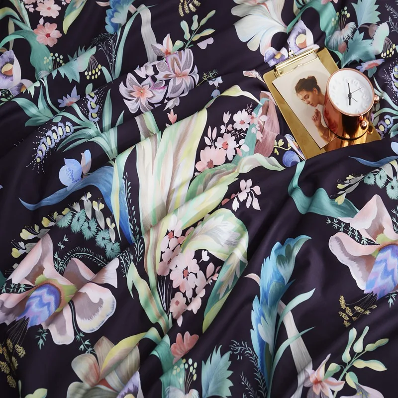 Black floral bedding set Egyptian cotton fabric pillowcases flower print pastoral bed linen duvet cover queen king size | Дом и сад