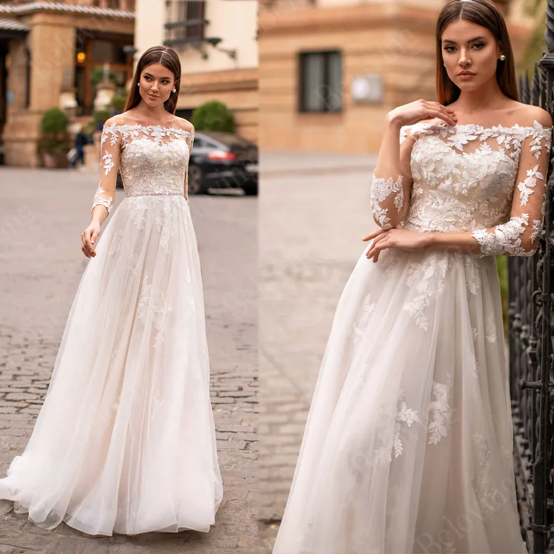 

Robe De Mariee Boat Neck Wedding Dresses With Lace Appliques Bride Dress A Line 2021 Newest Formal Long Bridal Gowns Romantic