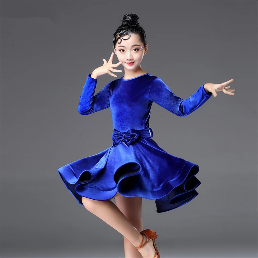 

Kids Dresses for Girls Long Sleeve Latin Dance Dress Velvet Ballroom Competition Party Stage Performance Practice Costumes