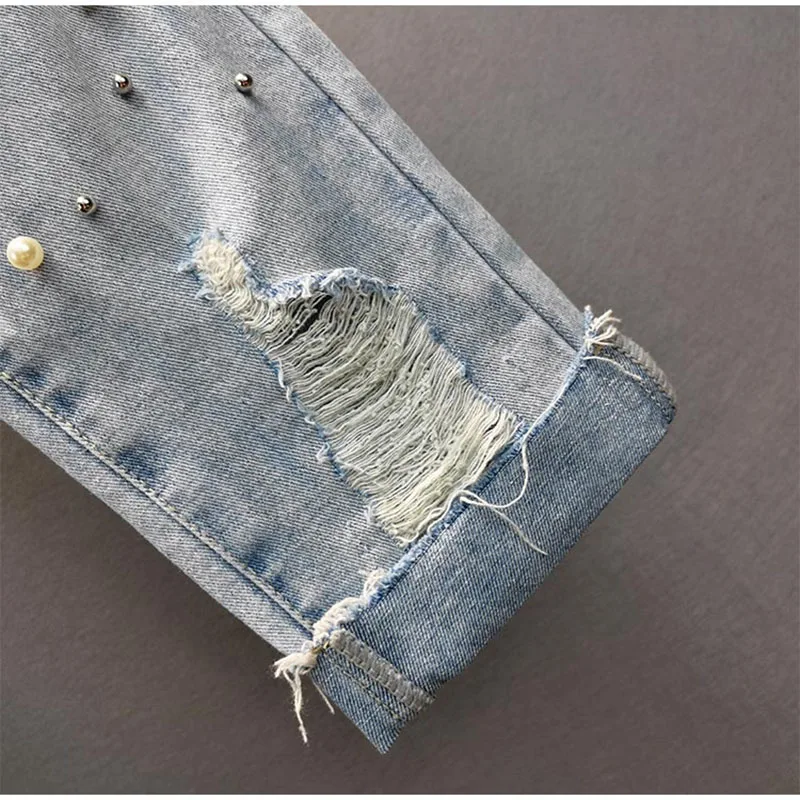 

2021 Spring Beading Denim Trousers Fashion Lady Holes Cross Pants Full Length Straight Leg Plus Size Boyfriend Jeans Women