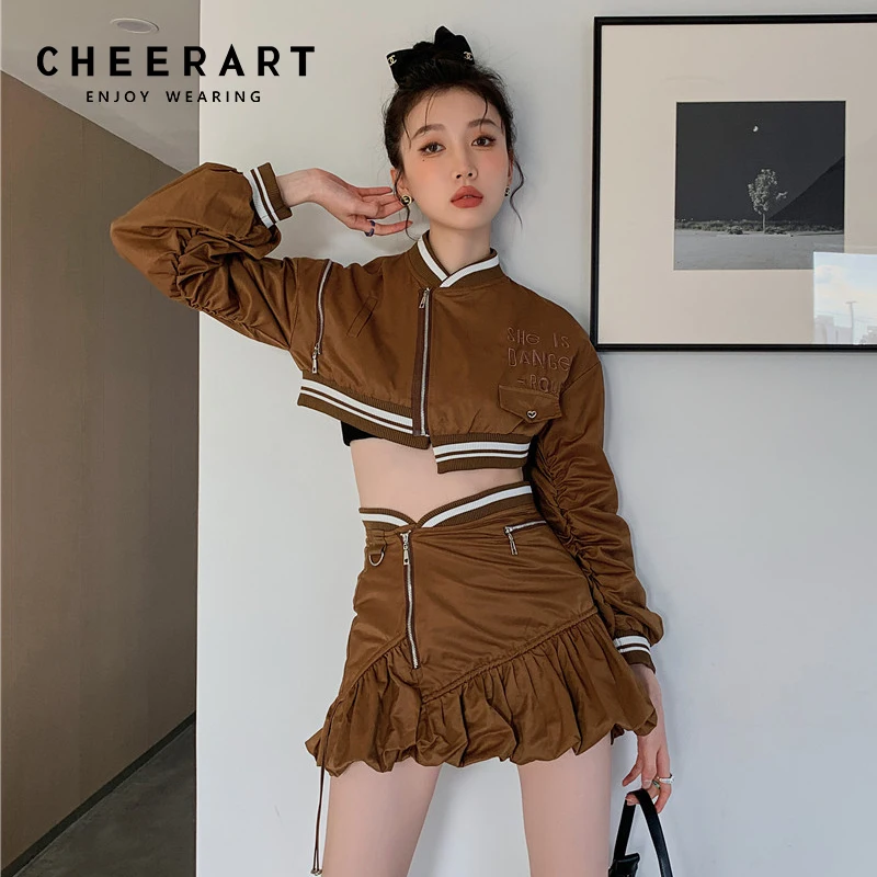 

CHEERART Brown Embroidery Cropped Varsity Jacket Fall Clothes For Women Fall Fashion Coat Outfits Outwear Autumn Clothes