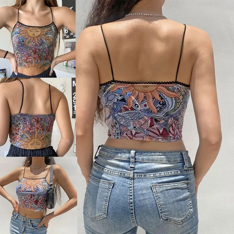 

Women Summer Spaghetti Strap Crop Top Boho Irregular Abstract Sun Print Mesh Camisole Harajuku Casual Slim Sleeveless Sling Vest