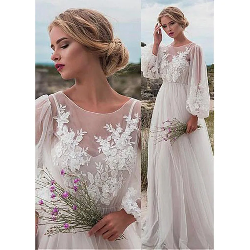 Женское свадебное платье с кружевной аппликацией открытой спиной и рукавами |