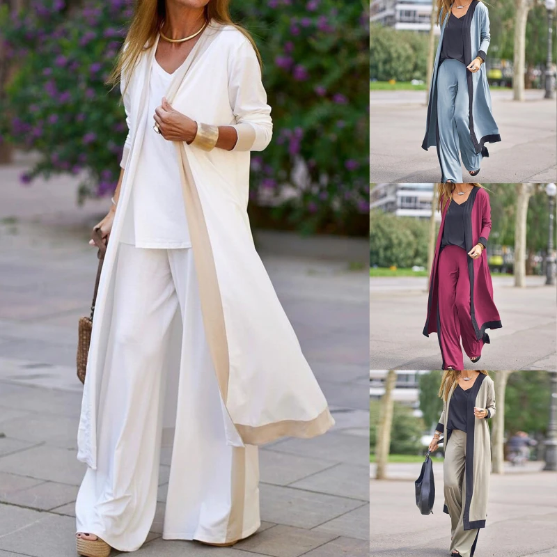 

Elegant Office Lady Three Piece Set Women's Vintage V Neck Vest Tops Cardigan Long Pants Suit Patchwork Outfits Female Autumn