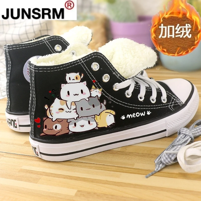 

Women Winter Canvas Shoes Cartoon Drawings Anime Black White Sneakers Girls High Heel Fashion Flat For Female 2021 Plush Warm
