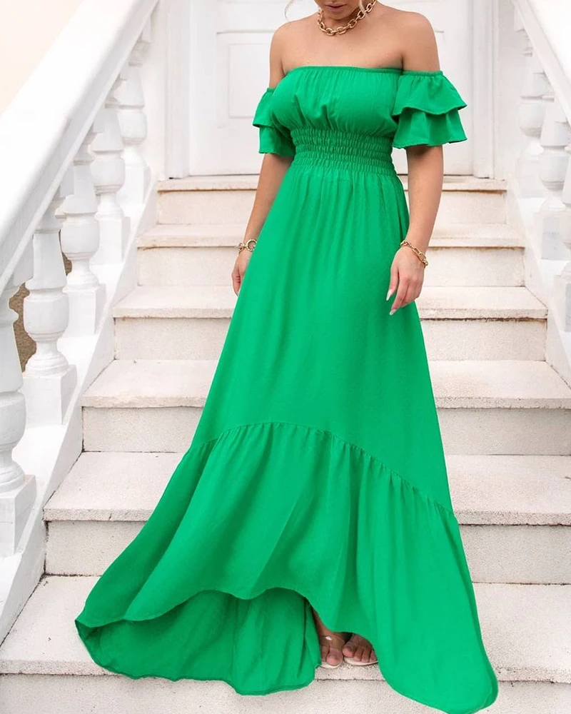 

Women Dress One Word Collar Lotus Leaf Sleeves Open Back Off Shoulder Tight Waist Plain Elegant Party Maxi Dress Summer
