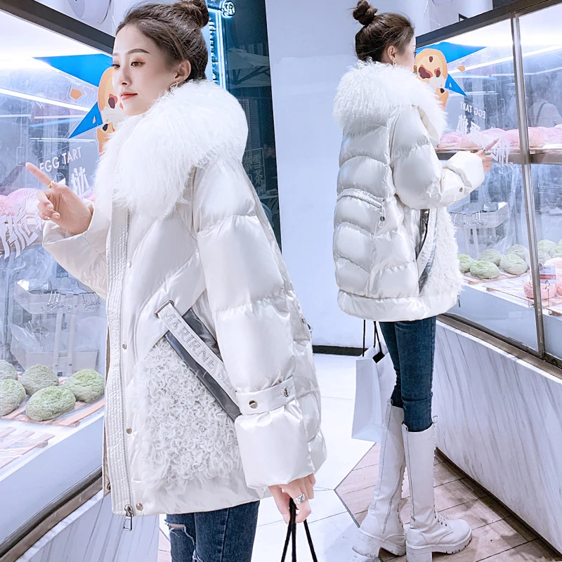 

Short Down Jacket Coat Women New Winter Warm Jackets Wool Collar White Duck Down Parka Overcoat Abrigo Mujer fur hooded white