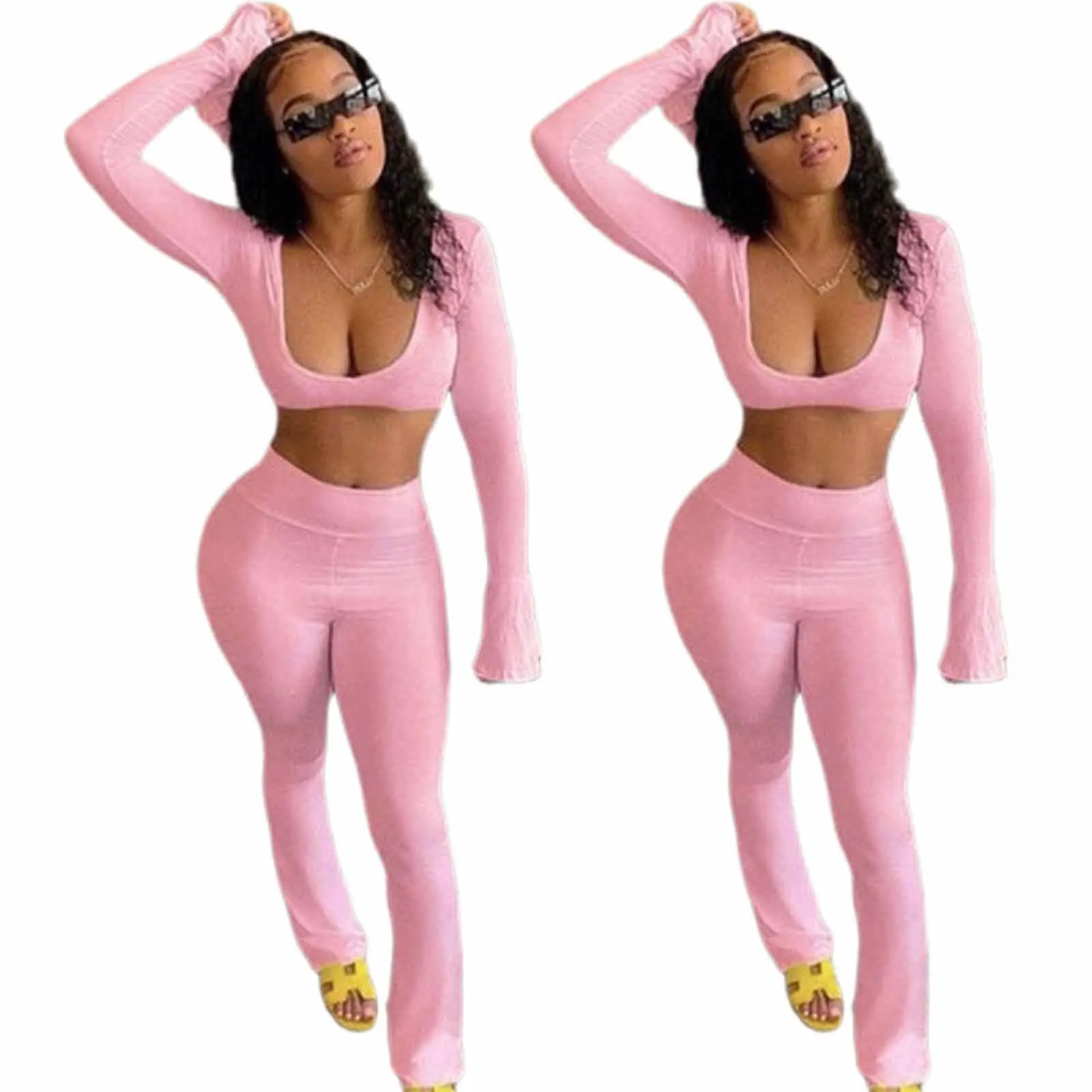

Two Piece Set Outfits Women Slim Fit U-Neck Long Sleeve Crop Top And Pants Skinny Trouser Tracksuit Sport Suit Female Clothing