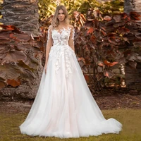bohemian boho wedding dress with half sleeves 3d lace flower appliques tulle bridal gowns elegant illusion top vestido de noiva