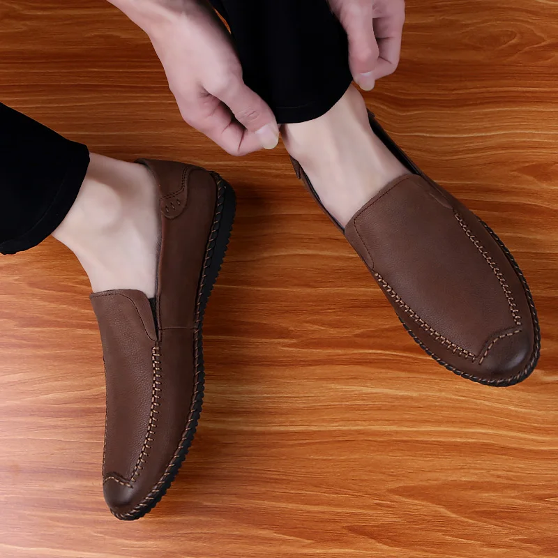 Men Fashion shoes Genuine Leather Casual Loafers Soft Comfortable Breathable Flats Shoes slip on Lightweigh Moccasins | Обувь