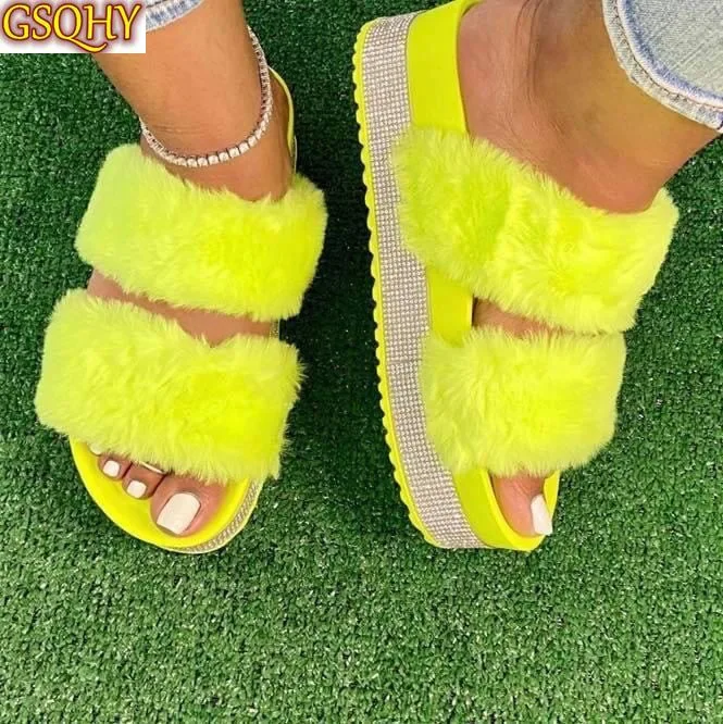 

Women Fur Slippers Summer Furry Slides Female Fluffy Indoor Shoes Women's Bling fuzzy Slide House Sliders wholesale Dropshipping
