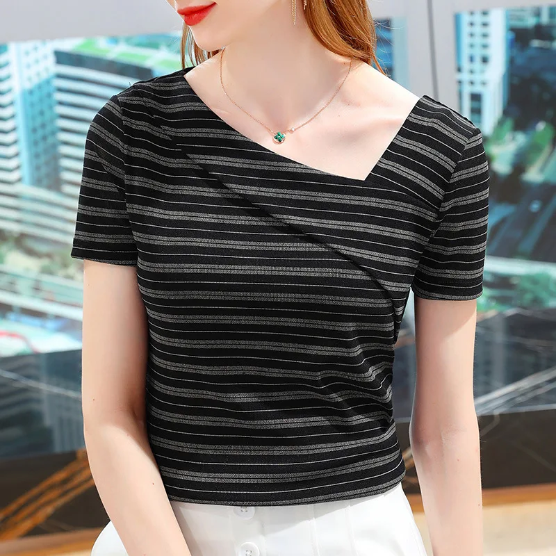

Striped T-shirt women's 2021 new summer women's short sleeve T-shirt bright silk screen bottom coat slant shoulder top