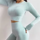Женский укороченный топ, вязаная бесшовная рубашка для йоги с длинным рукавом, сексуальная облегающая футболка для фитнеса, спортивные топы для йоги, дышащая рубашка для тренажерного зала
