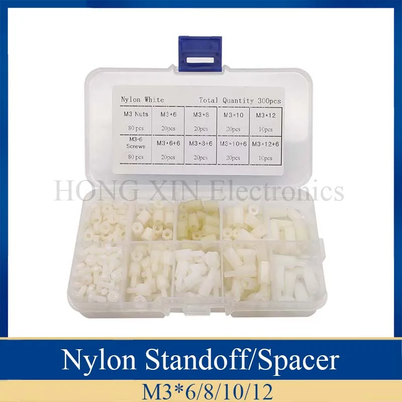 

300pcs M3 Nylon White Hex Screw Nut Spacer Stand-off Varied Length Assortment Kit Box