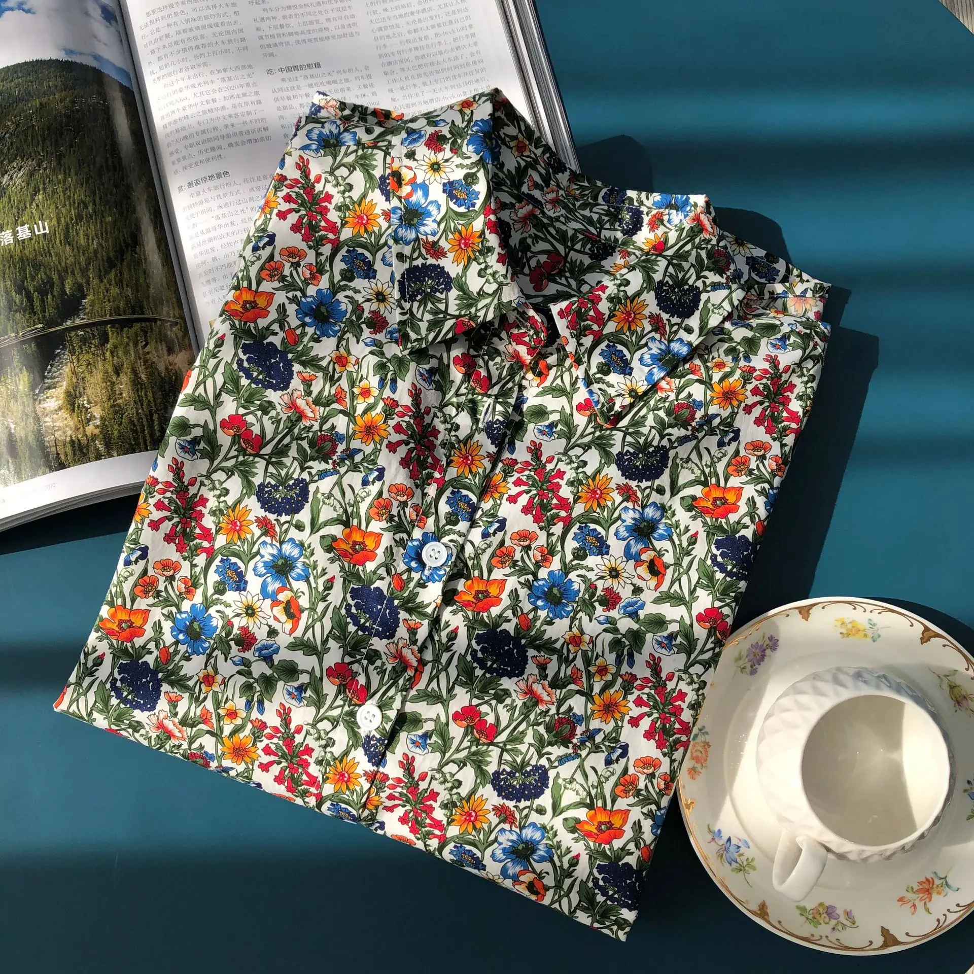 Женская винтажная блузка из 100% хлопка с длинным рукавом и цветочным