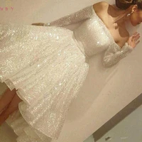 boat neck off the shoulder ball gown prom dresses 2021 long sleeve shiny knee length formal party cocktail gowns vestido de gala